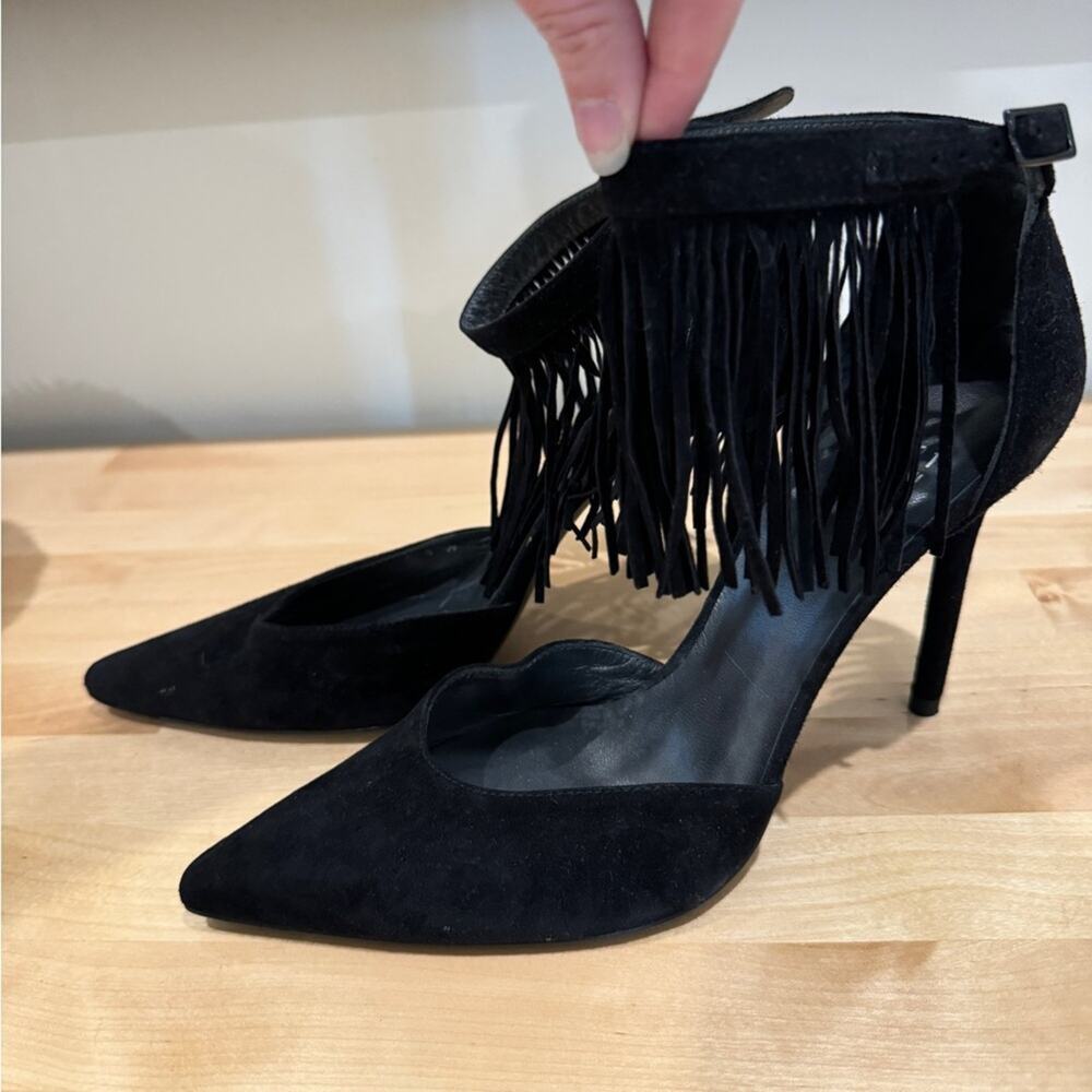 Stuart Weitzman Fringelica Fringe Suede Ankle Strap Pump Black Women Sz 7.5 M - Picture 13 of 16